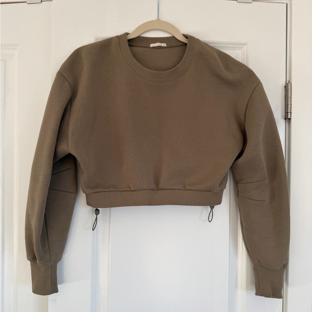 Japan GU Cropped Drawstring Pullover, Size S, Fleece-Lined, Green